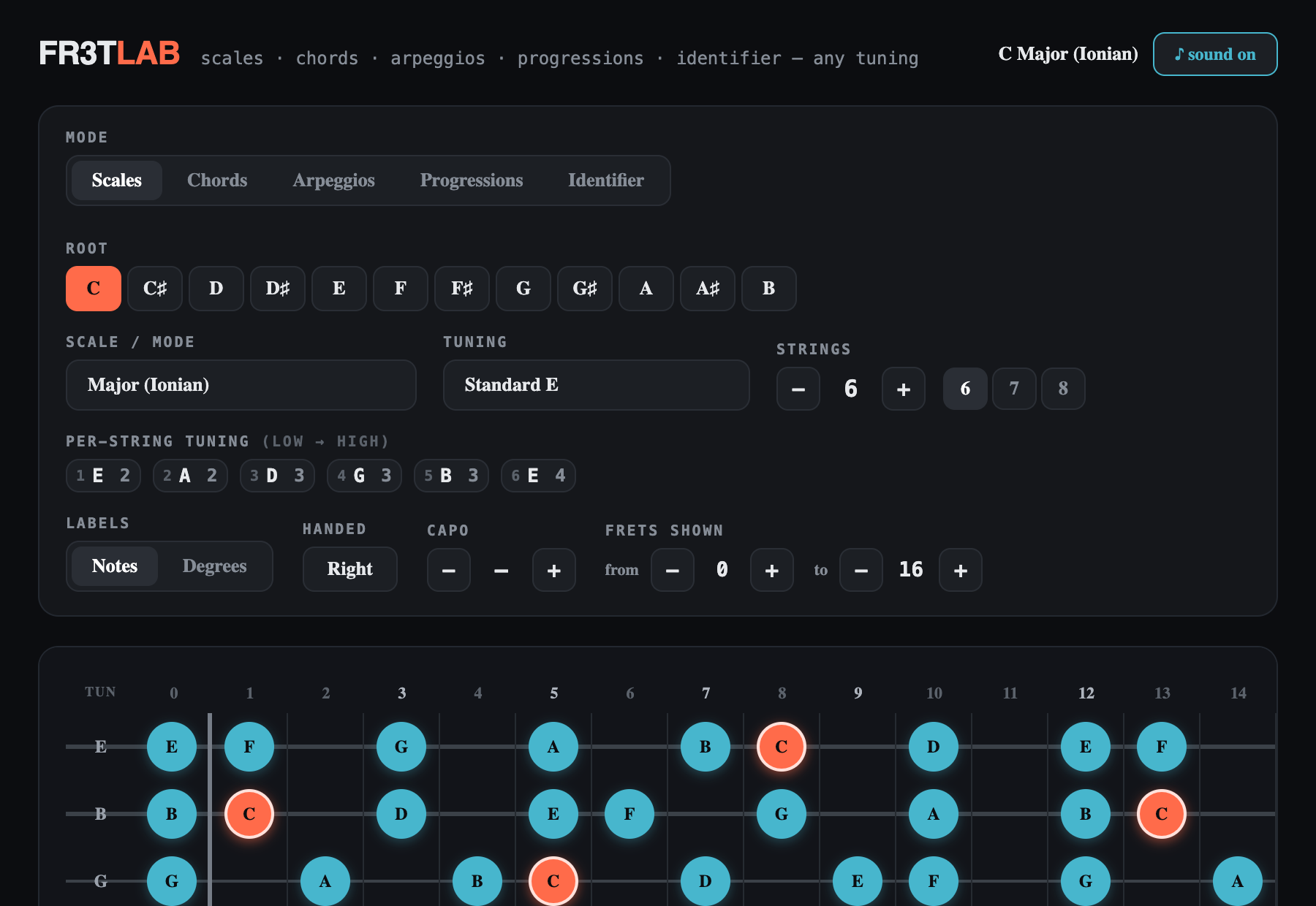 Fr3tLab — the free fretboard tool showing C major